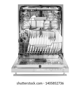 Open Dishwasher Isolated on White.  Modern Stainless Steel Fully Integrated Dishwasher Range Machine Front View. Built-In Domestic and Kitchen Major Appliances