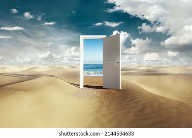 Open door with access to the beach from desert. Travel concept.