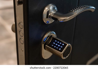 Open Door To The Apartment With A Combination Lock. Keyless Entry.