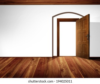 Open Door With Architectural Element - Barrel Vault; White Wall, Wooden Floor And Timber Ceiling Construction