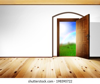 Open Door With Architectural Element - Barrel Vault; White Wall, Light Rustic Wooden Floor And Timber Ceiling Construction