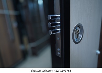 Open the door to the family home. Close up lock. protection. Cylinder key, close-up. Door Lock. Armored door