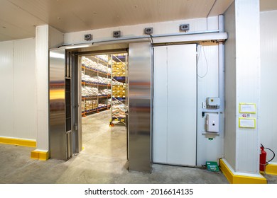 Open Door Of A Frozen Food Storage Industrial Refrigeration Warehouse With Modern Wall Cladding Technology.Bekasi West Java-Indonesia, May 11 2016