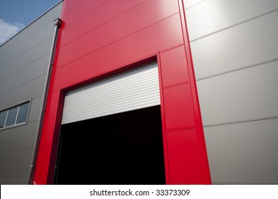 Open Door Of The Modern Industrial Storage Warehouse