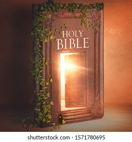 An open door on the Bible with bright light that comes from inside. God has set before you an open door, which no one is able to shut - Shutterstock ID 1571780695