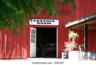 Open Door Of A Red Barn Tasting Room