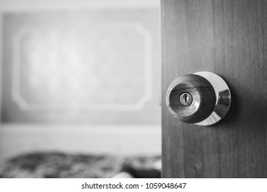 Open Door To The Room, Black And White Door Handle Close Up, An Open Room In The Hotel