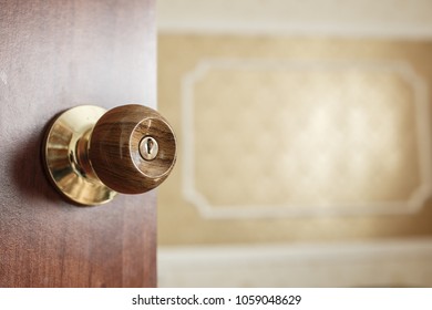 Open Door To The Room, A Door Handle Close Up, An Open Room In The Hotel