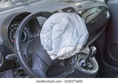 Open Driver Airbag In Steering Wheel Frontal Traffic Accident Danger