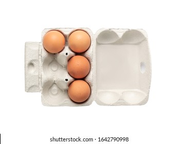 Open Egg Box With Four Brown Eggs Isolated On White Background With Clipping Path. Fresh Organic Chicken Eggs In Carton Pack Or Egg Container Top View