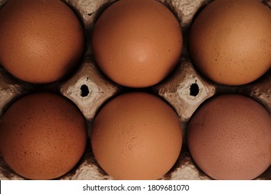 Open Egg Box With Six Brown Eggs. Fresh Organic Chicken Eggs In Carton Pack Or Egg Container Top View