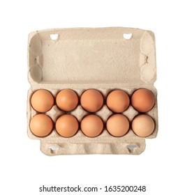 Open Egg Box With Ten Brown Eggs Isolated On White Background With Clipping Path. Fresh Organic Chicken Eggs In Carton Pack Or Egg Container Top View