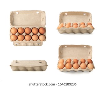Open egg box with ten brown eggs isolated on white background with clipping path. Fresh organic chicken eggs in carton pack or egg container with copy space