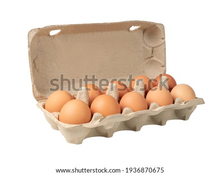 Open egg box with ten brown eggs isolated on white background with clipping path. Fresh organic chicken eggs in carton pack or egg container with copy space