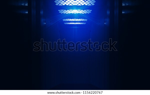 An open elevator door. Dark background of the\
elevator car with neon light
