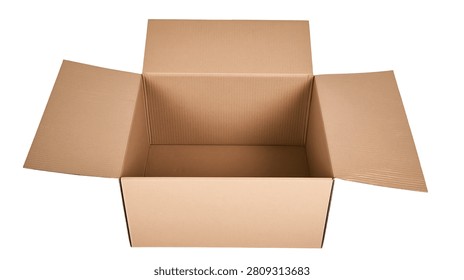Open empty brown cardboard box with flaps extended