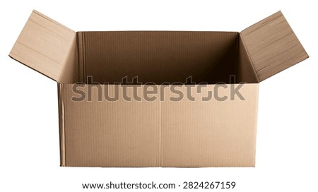 Open empty brown cardboard box with flaps extended