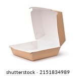 Open empty brown paper burger box isolated on white
