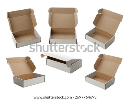 Open empty cardboard box isolated on white, set