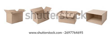 Open empty cardboard box isolated on white, set