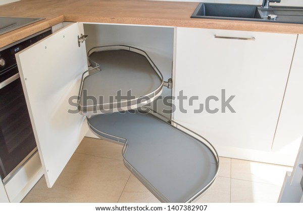 Open Empty Corner Cupboard Kitchen Stock Photo Edit Now 1407382907