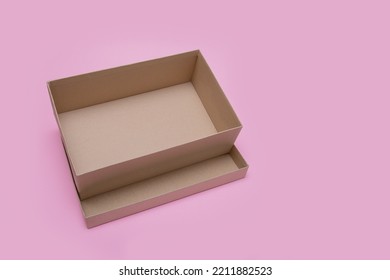 Open Empty Crate Box On Pink Background.