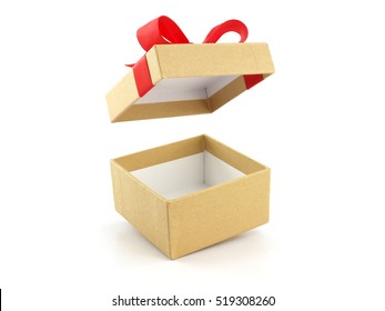 Open And Empty Golden Gift Box With Red Ribbon Bow Isolated On White Background