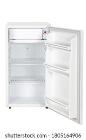 Open An Empty Mini Fridge Refrigerator Isolated On White Background . Modern Kitchen And Domestic Major Appliances.