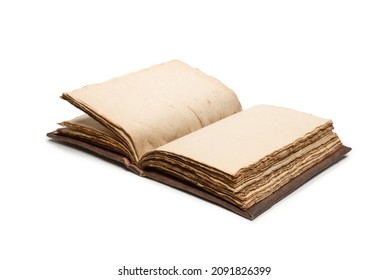 An open empty old notebook isolated on a white background. Copy space.   - Shutterstock ID 2091826399