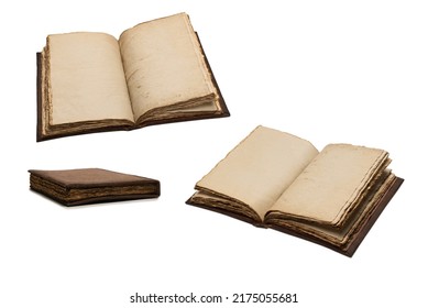 An open empty old notebook isolated on a white background. Copy space.   - Shutterstock ID 2175055681
