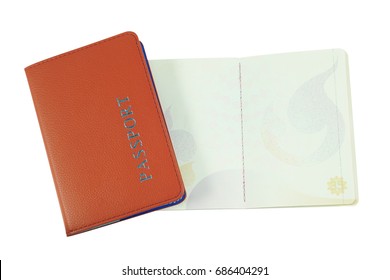 Open Empty Passport Page And Orange Passport Cover Isolated On White Background