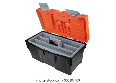 Open Empty Plastic Toolbox Black And Orange Color, Isolated On White Background.