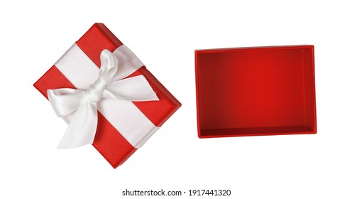 Open Empty Red Gift Box With White Satin Ribbon Bow Isolated On White Background. Top View.