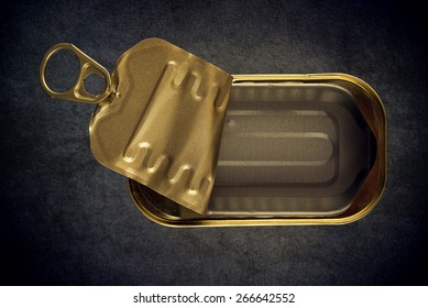 Open Empty Sardine Fish Tin Can On Grunge Gray Background, Top View