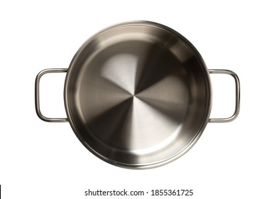 Open, Empty Stainless Steel Cooking Pot Isolated On White Background, Cooking Or Kitchen Utensil, Selective Focus, Flat Lay Top View From Above