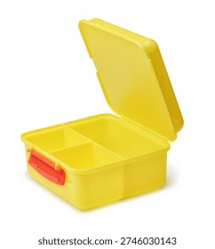 Open empty yellow plastic lunch box isolated on white