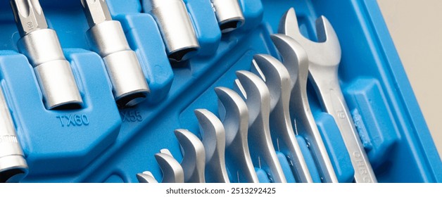 open ended wrench set in a toolbox, close up