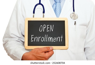 Open Enrollment - Doctor with chalkboard on white background - Shutterstock ID 252608704