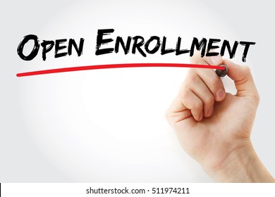 Open Enrollment - period each year when you can purchase and apply for health insurance for the upcoming year, text concept with marker