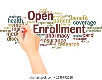 Open Enrollment word cloud hand writing concept on white background.