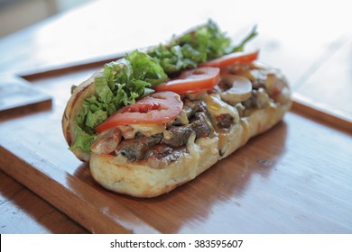 Open Faced Juicy Steak Meaty Sandwich Filled With Vegetables 