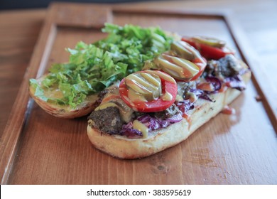 Open Faced Juicy Steak Meaty Sandwich Filled With Vegetables 