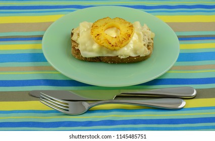 Open Faced Tuna Salad Melt Sandwich With Mozzarella Cheese And Pineapple Ring On Whole Wheat Bread