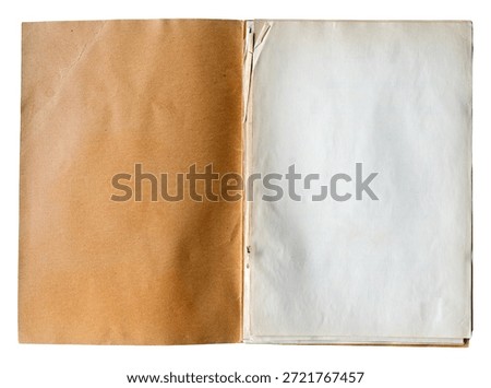 open file folder with aged stained empty pages isolated on white background