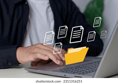  Open File folder with flying blank documents with laptop computer. Uploading documents from folder. Data transfer backup, File Sharing, Document Transferring concept.