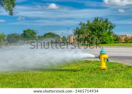 Open fire hydrant gushing water near highway.