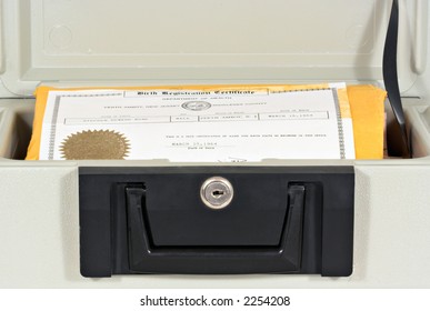 An Open Fire Proof Security Box With A Birth Certificate Inside