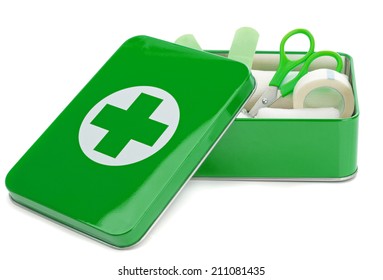 An Open First Aid Kit With Contents On A White Background