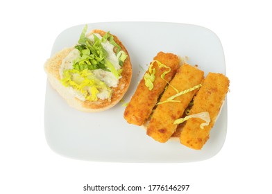 Open Fish Finger Roll On A Plate Isolated Against White, Top View