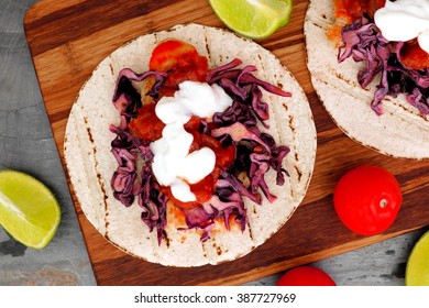 Open Fish Tacos With Red Cabbage Lime Slaw And Salsa, Overhead View On Wooden Board